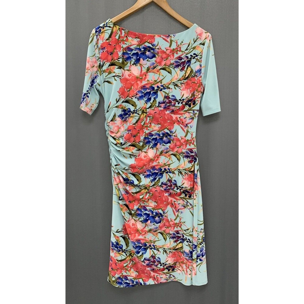 Jones New York Colorful Floral Ruched Knit Dress Size 12 Cottage Romantic Travel - Picture 4 of 15